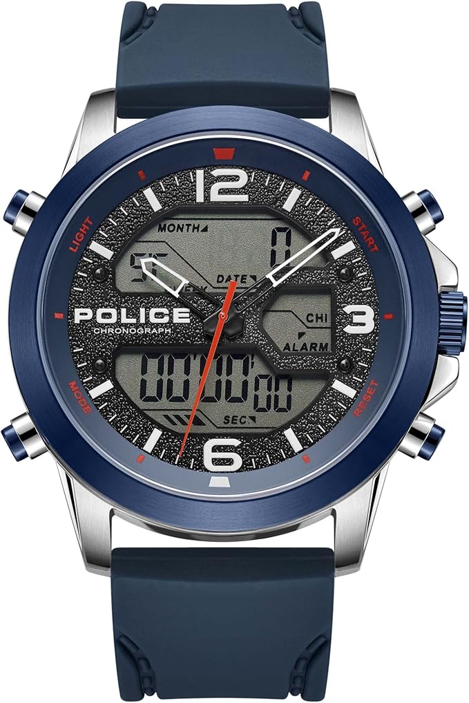POLICE Rig Mens Digital Watch with Blue Dial and Blue Silicone Strap, 47mm Stain
