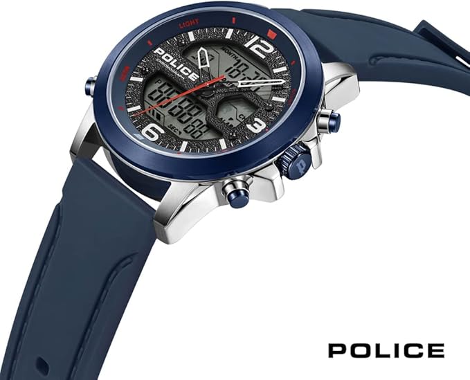 POLICE Rig Mens Digital Watch with Blue Dial and Blue Silicone Strap, 47mm Stain