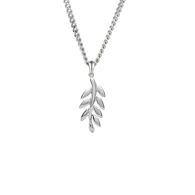 Silver leaf pendant necklace on a white background