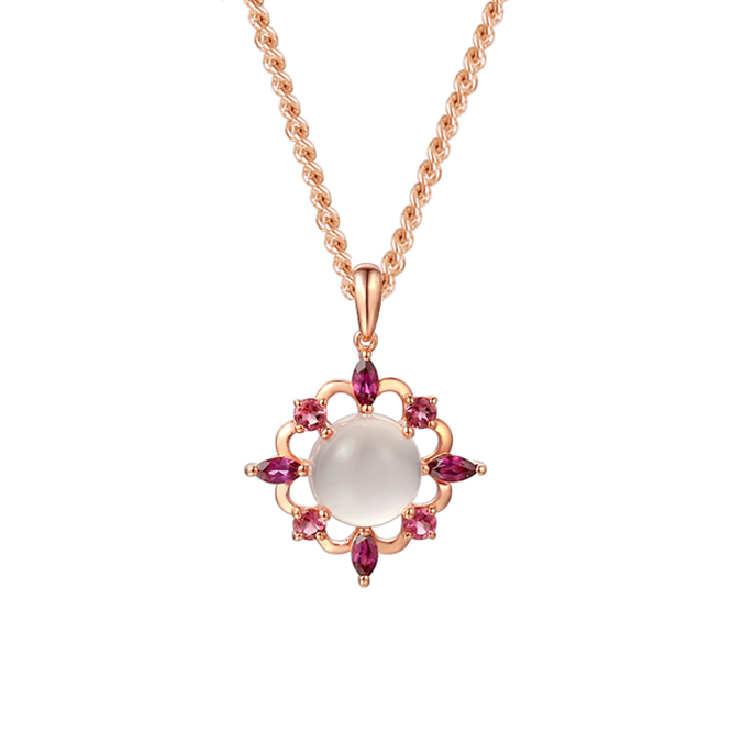 Rose gold necklace with a pendant featuring a central gemstone and smaller stones on a white background