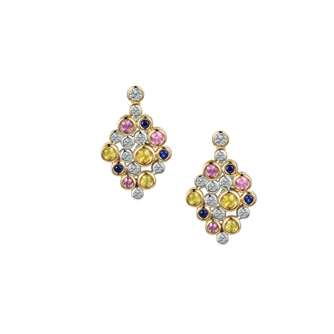 Pair of diamond-shaped earrings with multicolored gemstones qualified gemmologist