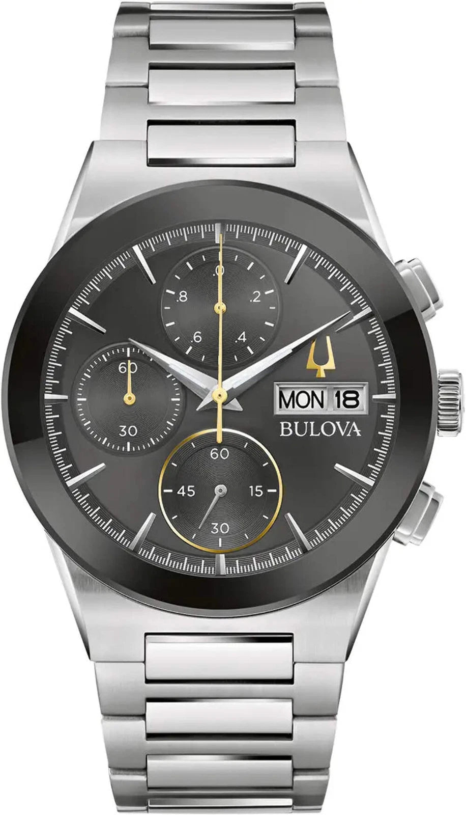 Bulova watch with silver bracelet and black dial on a white background