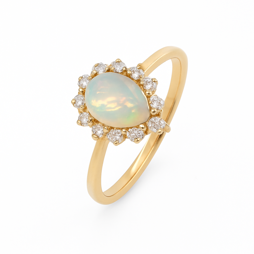 Opal and diamond pear shaped cluster 9ct gold ring