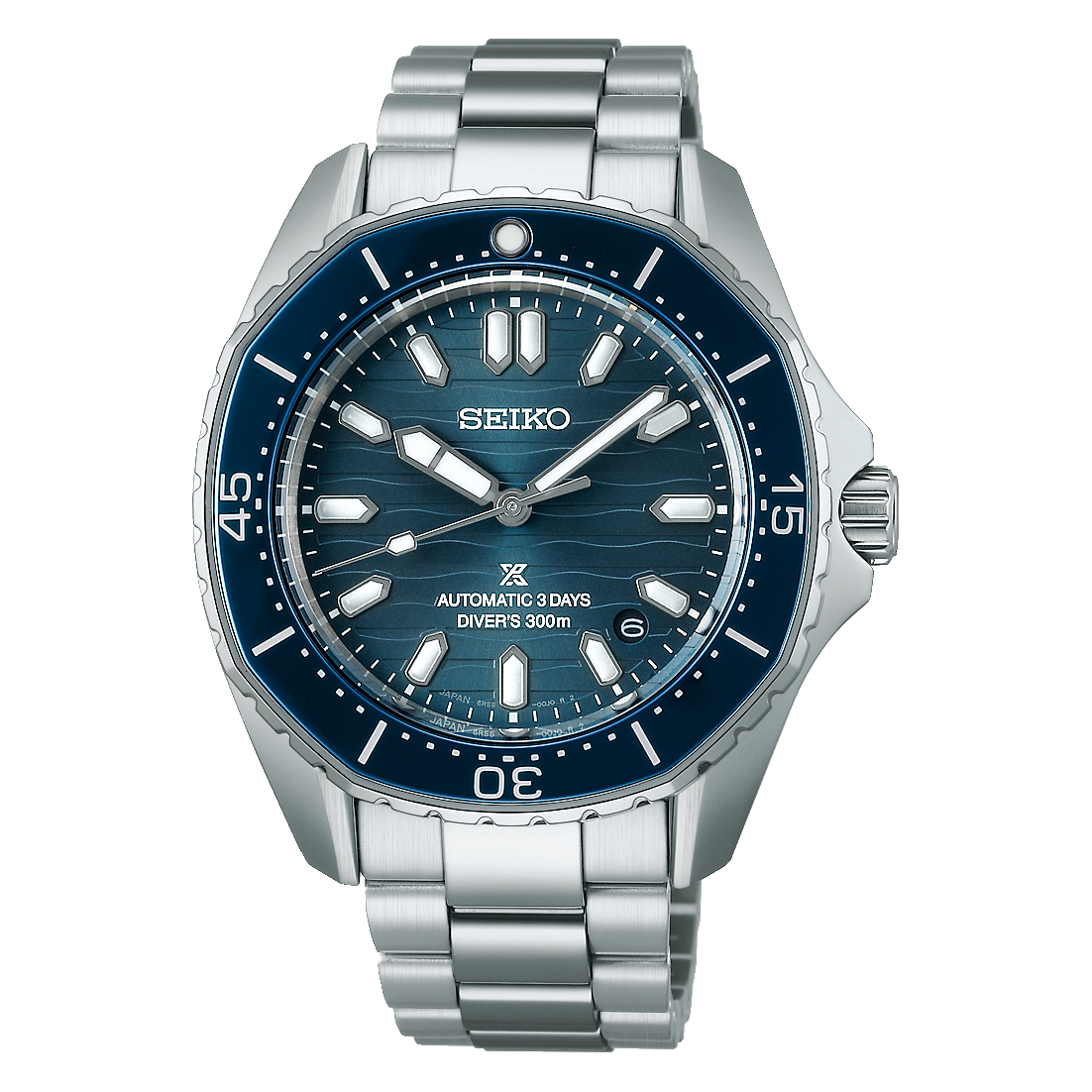 Seiko watch with blue dial and silver bracelet on a white background