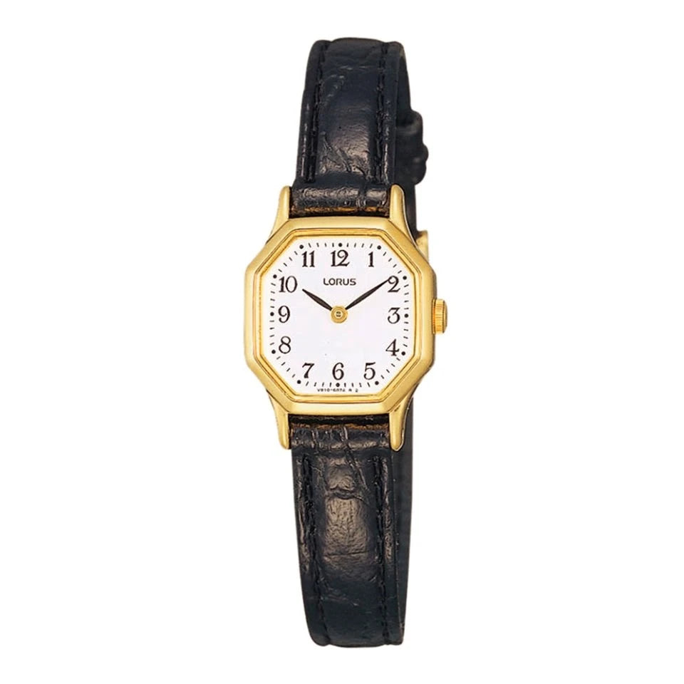 Lorus Gold Tone Black Leather Strap Watch RJ472BX9