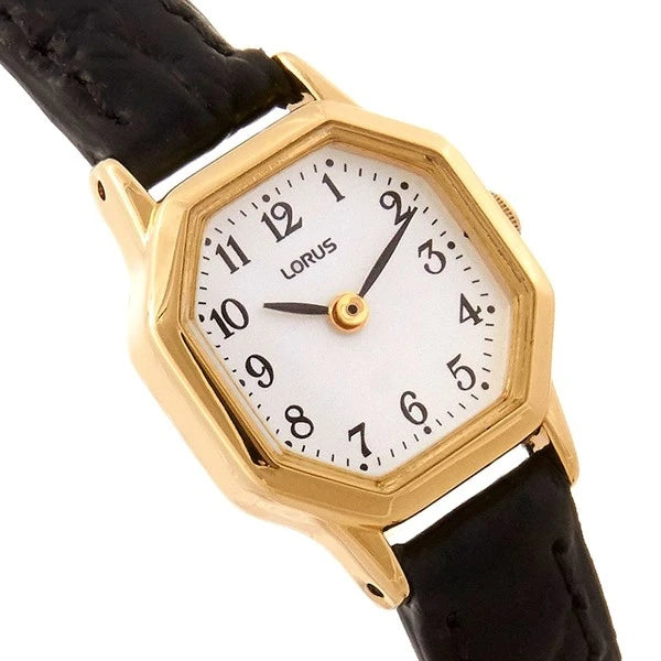 Lorus Gold Tone Black Leather Strap Watch RJ472BX9