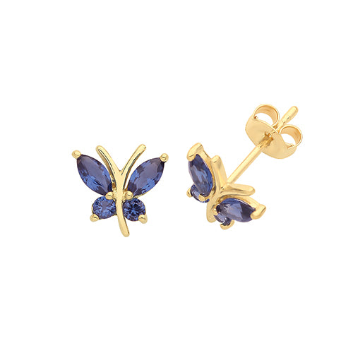 9ct Yellow Gold Blue Zirconia Butterfly Stud Earrings ES1602S