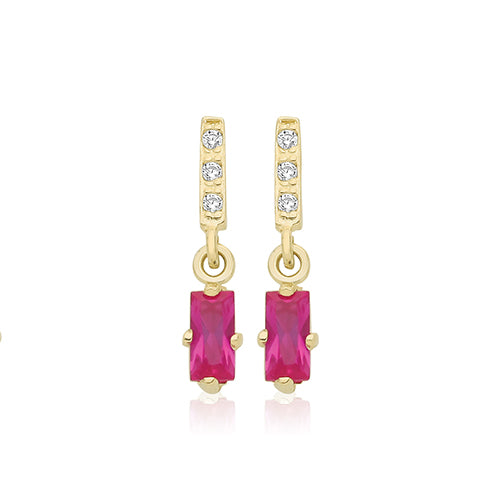 9ct Yellow Gold Ruby Red Cubic Zirconia Baguette Drop Studs ES2165R