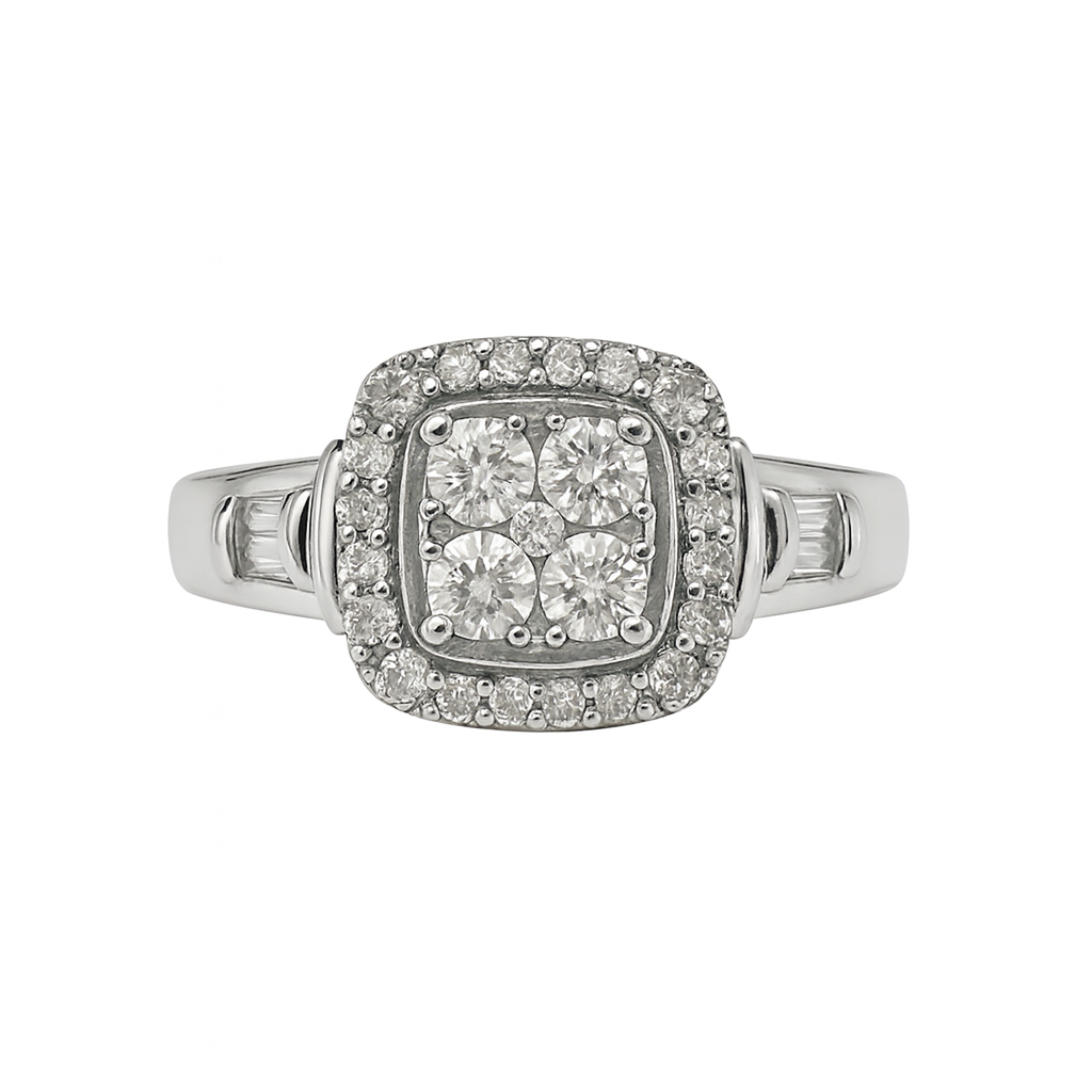 Silver ring with diamond accents on a white background