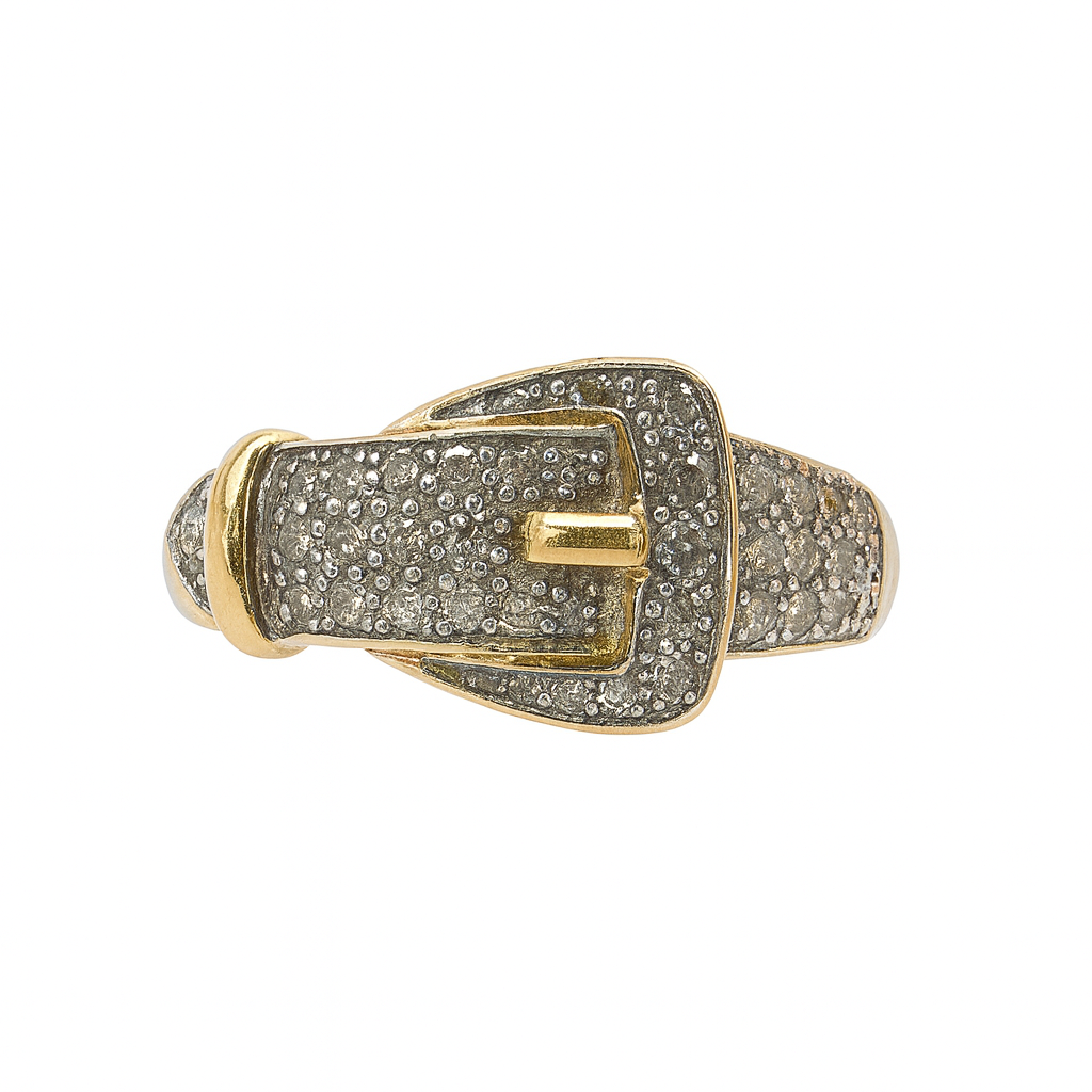 Gold and silver buckle ring on a white background