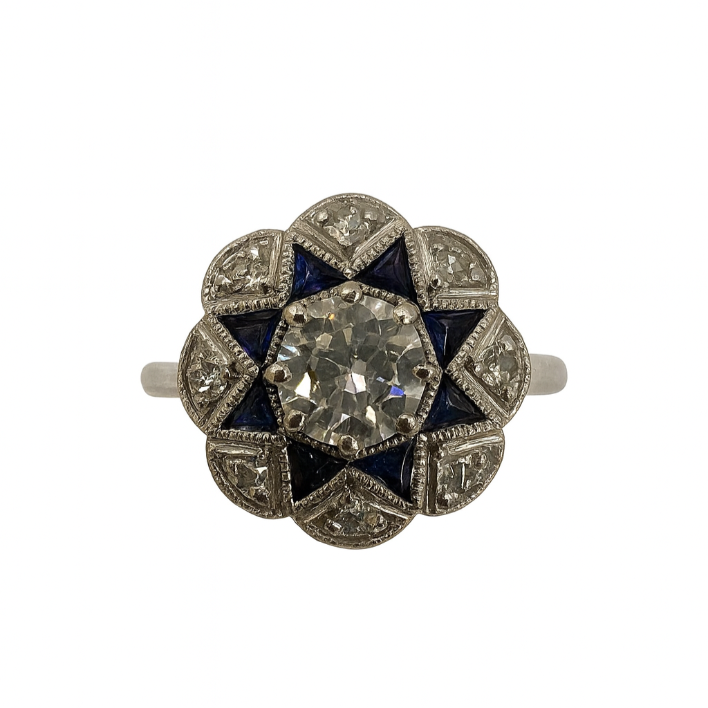 Vintage-style ring with diamond and blue stone best jewellers in Middlesbrough