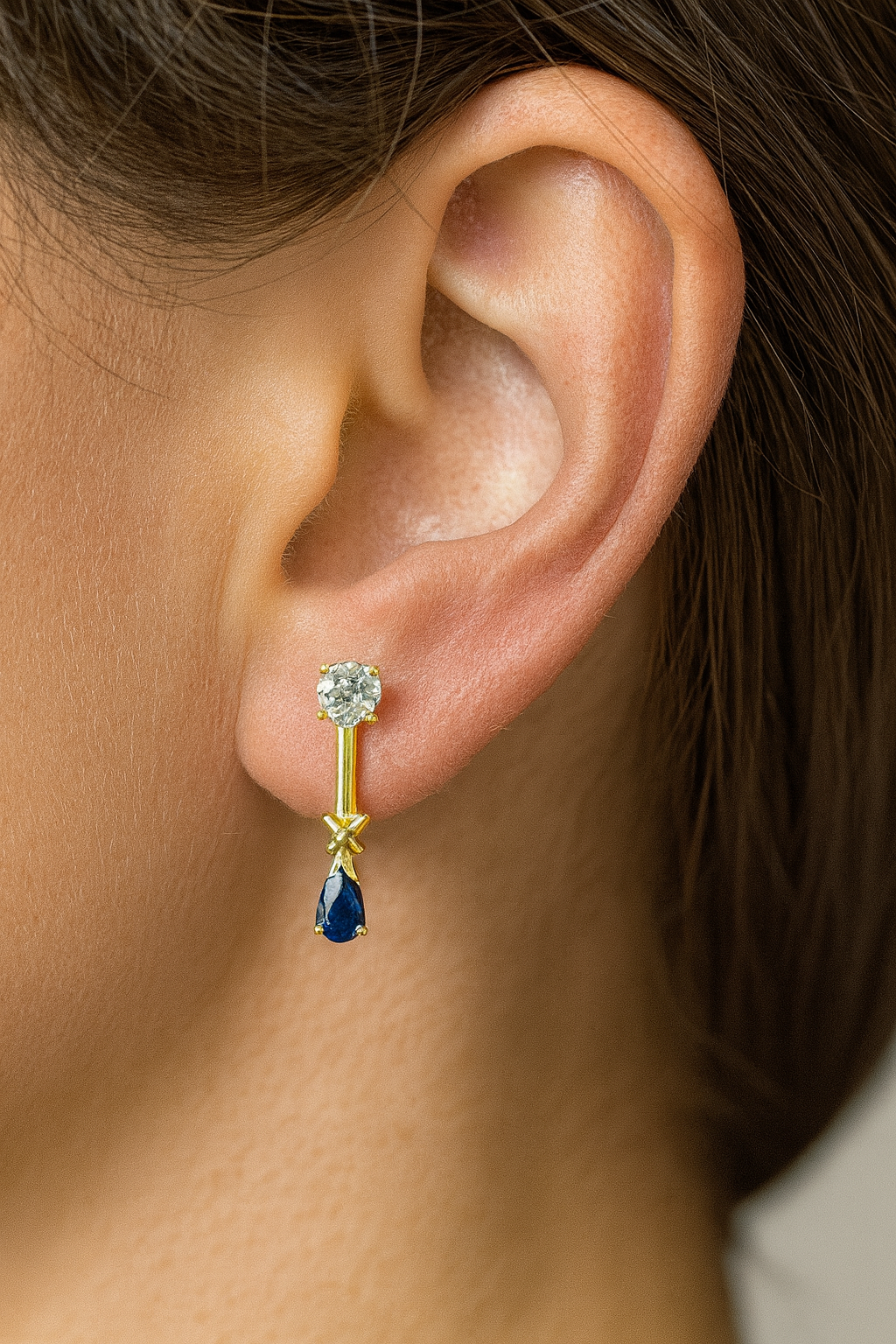 Preloved Blue and White Sapphire Drop Earrings 9371