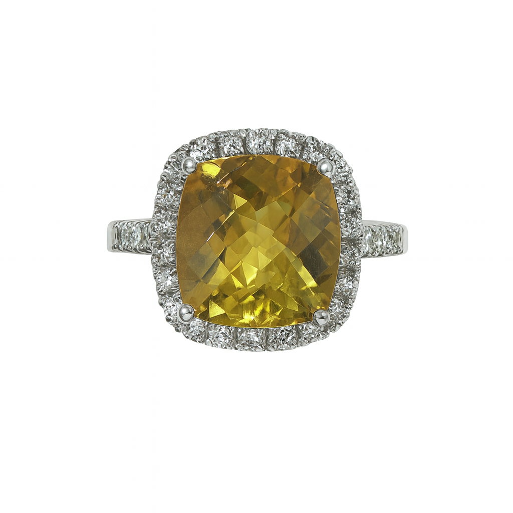 Ring with a yellow gemstone and diamond-studded band qualified gemmologist