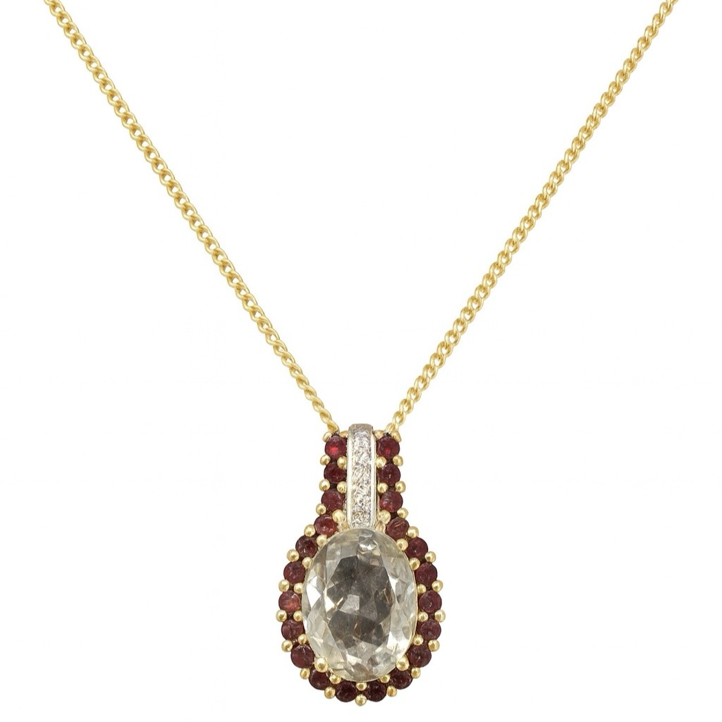 Gold necklace with a pendant featuring a central gemstone and smaller stones qualified gemmologist