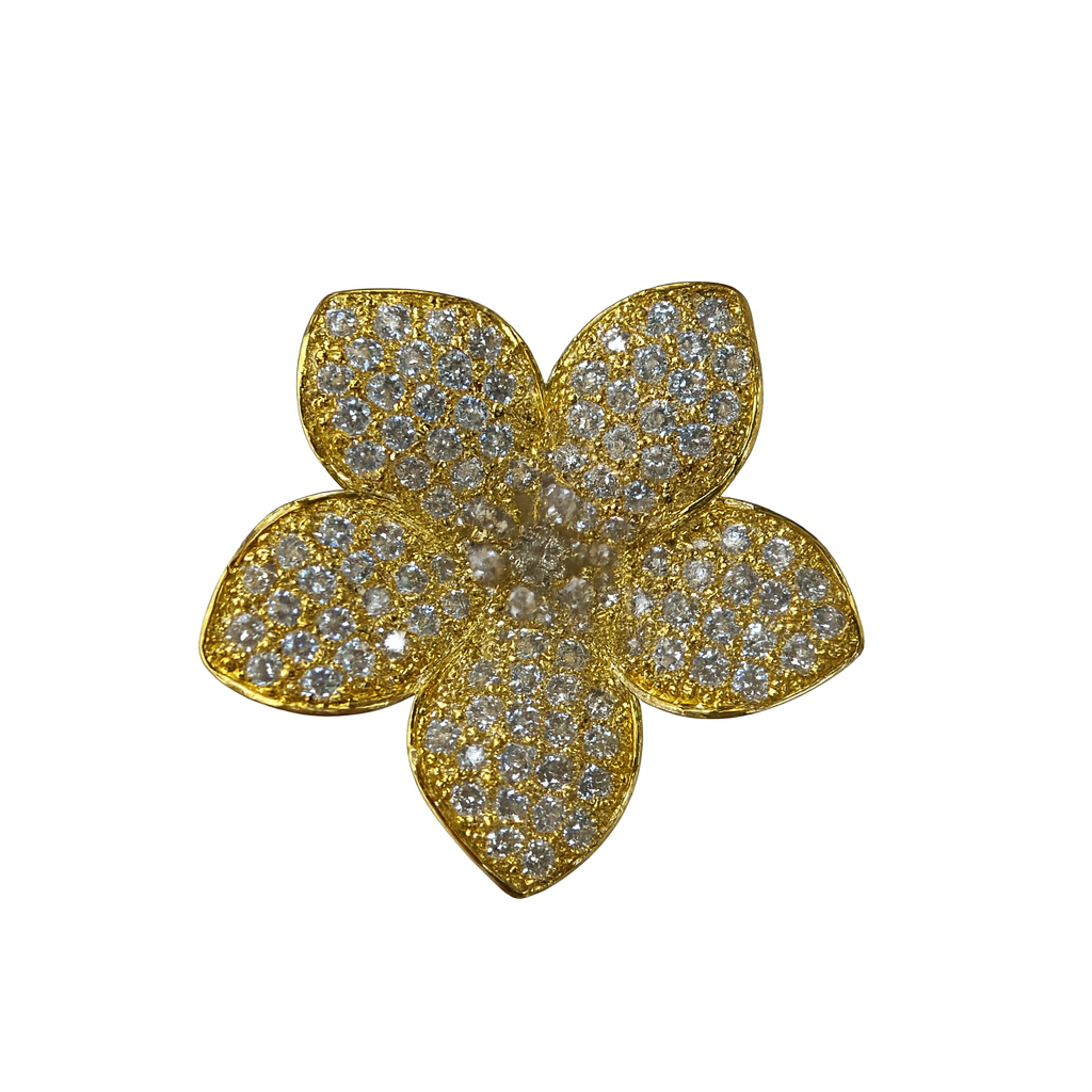 Gold flower-shaped jewelry piece with gemstones qualified gemmologist