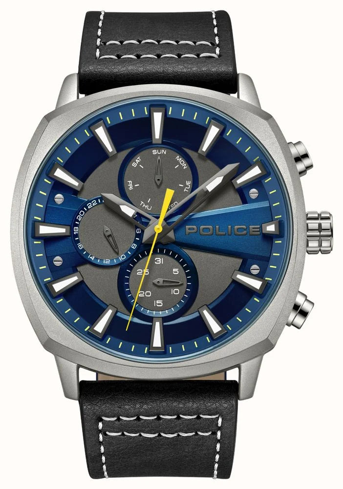 Police TUNEFUL Quartz Multifunction (48mm) Blue & Grey Dial / Black Leather Stra