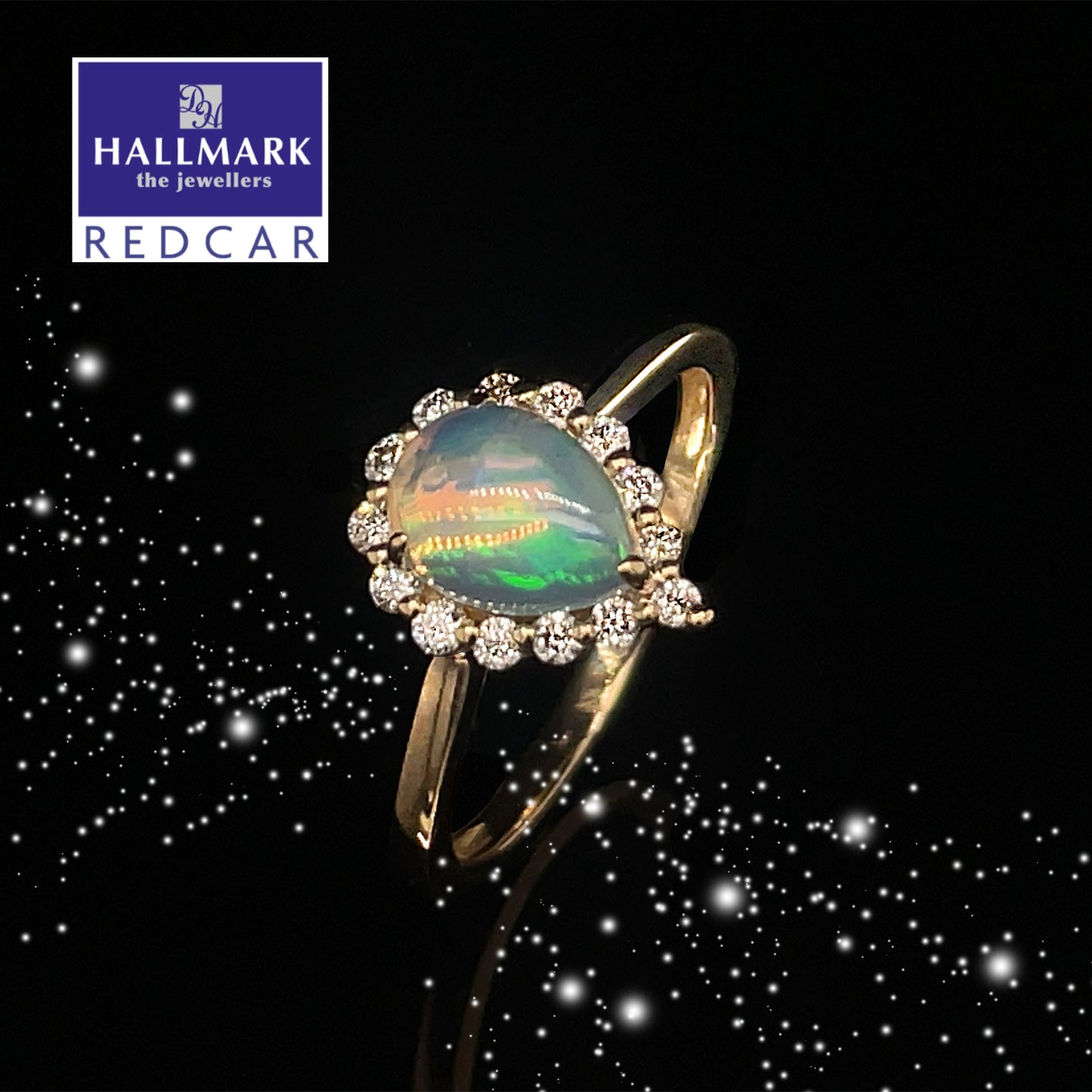 Opal and diamond pear shaped cluster 9ct gold ring