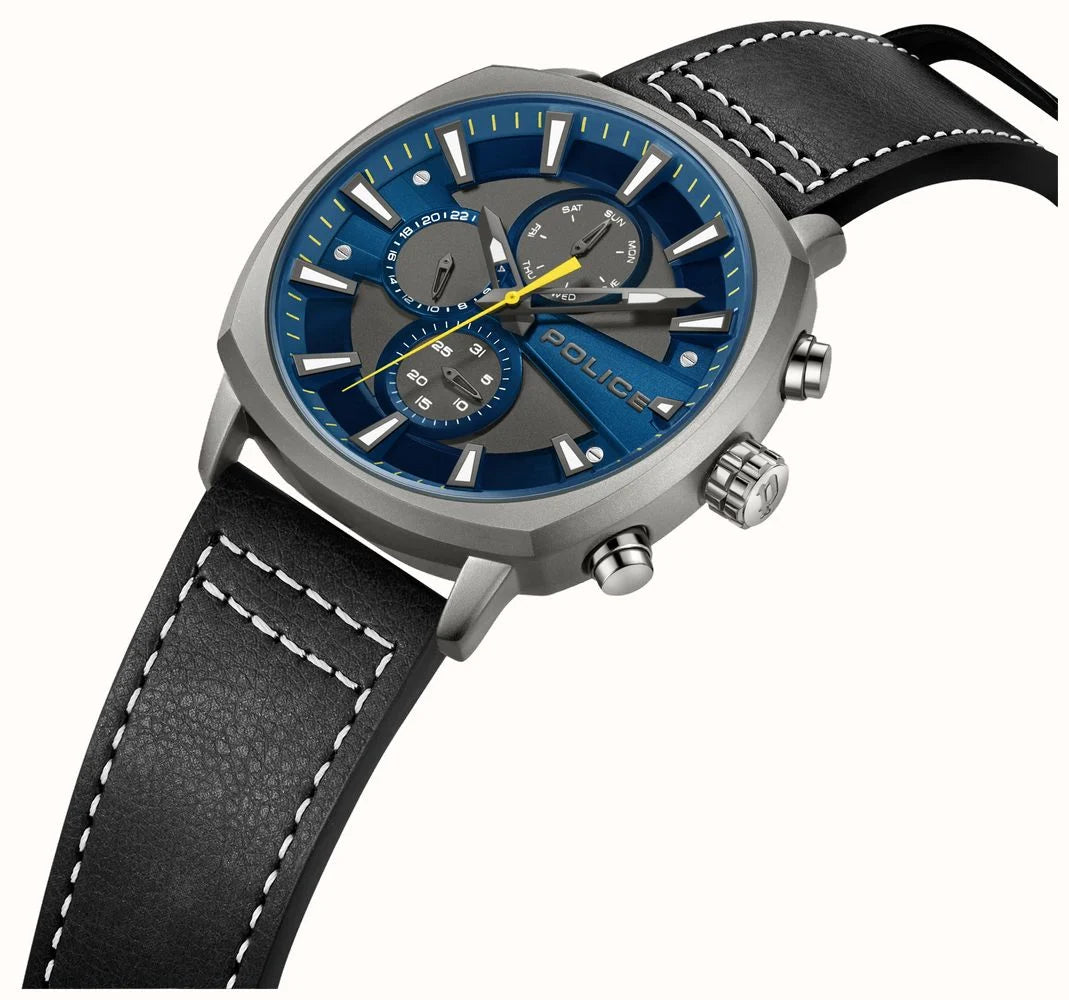 Police TUNEFUL Quartz Multifunction (48mm) Blue & Grey Dial / Black Leather Stra
