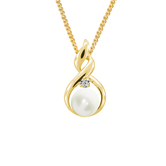 Gold necklace with a pearl pendant on a white background