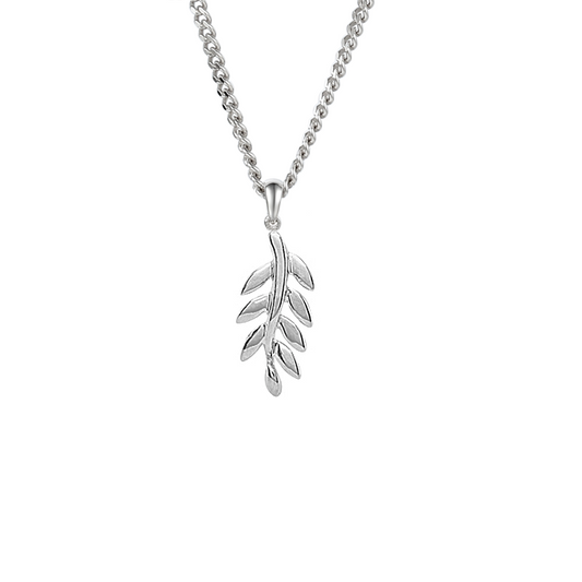 Silver leaf pendant necklace on a white background