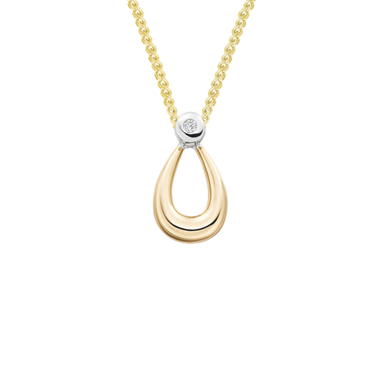 Gold teardrop pendant necklace with a diamond on a white background