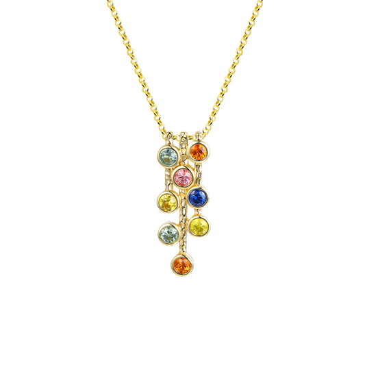 Gold necklace with colorful gemstones on a white background