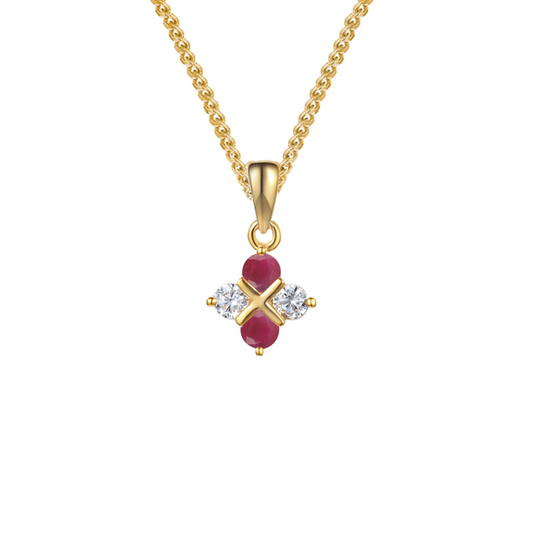 Gold necklace with a pendant featuring red gemstones and clear stones qualified gemmologist
