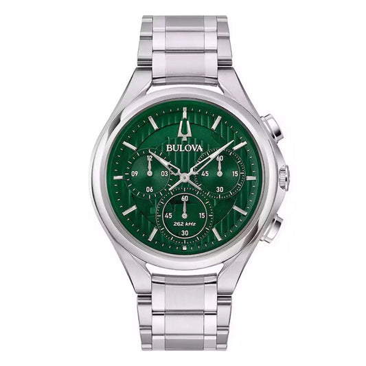Bulova watch with green face and silver case on a white background