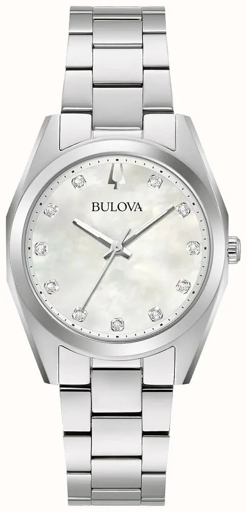 Bulova watch with silver metal strap and mother-of-pearl dial on a white background