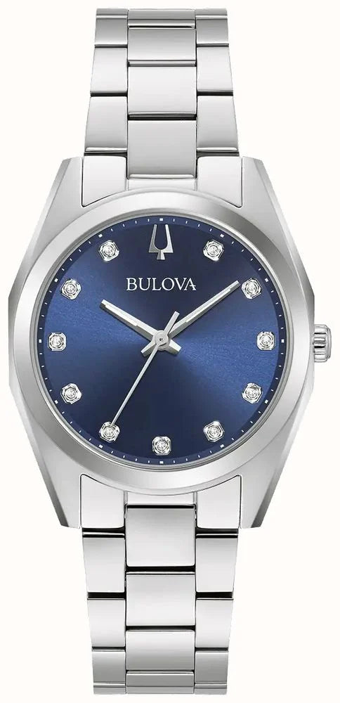 Bulova watch with blue face and silver metal strap on white background