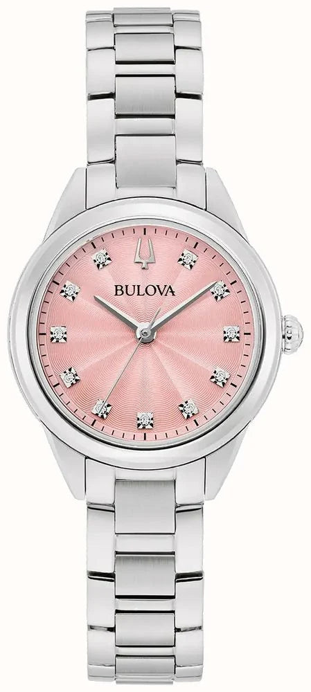 Bulova watch with pink face and silver bracelet on white background