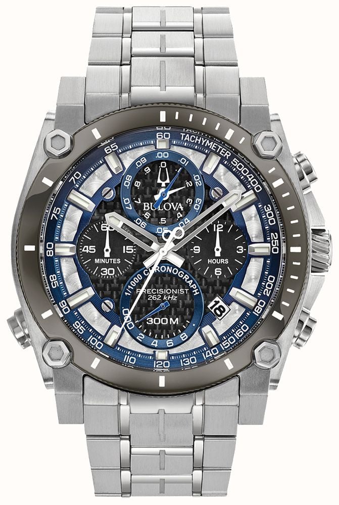 Silver and blue watch with detailed face on a white background
