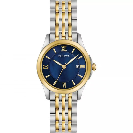 Bulova watch with two-tone gold and silver bracelet on a white background