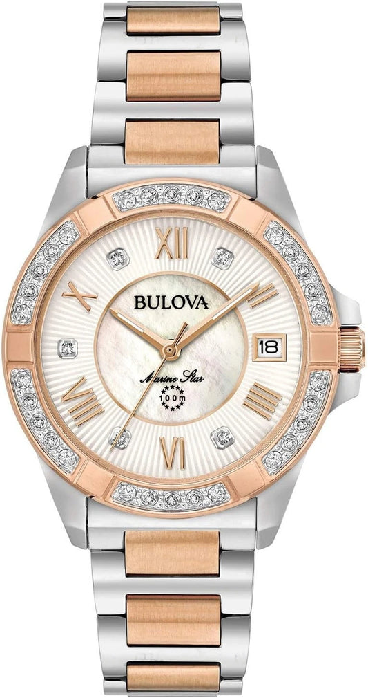 Bulova watch with two-tone rose gold and silver band on a white background