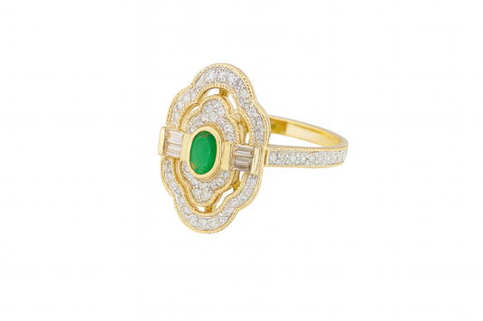 Art Deco Emerald Stone Diamond Cluster Ring