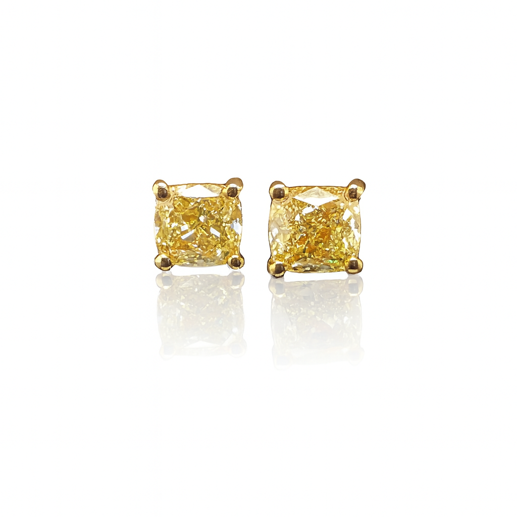 Cushion cut yellow diamond stud earings