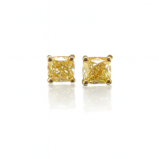 Cushion cut yellow diamond stud earings