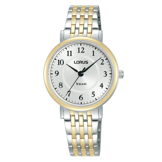 Two-tone watch with silver and gold band on a white background