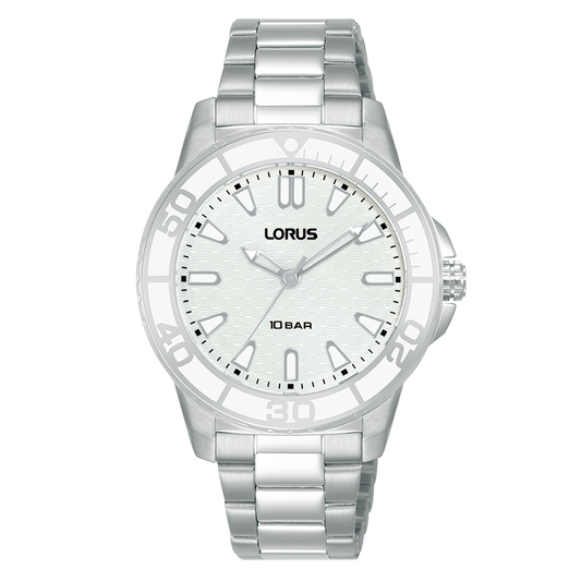 Silver Lorus watch with a white dial on a white background