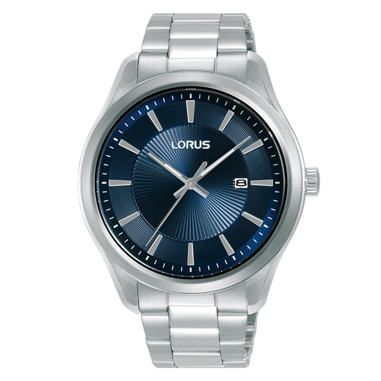 Silver Lorus watch with blue dial on a white background
