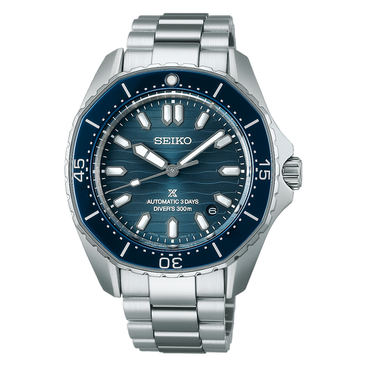 Seiko watch with blue dial and silver bracelet on a white background