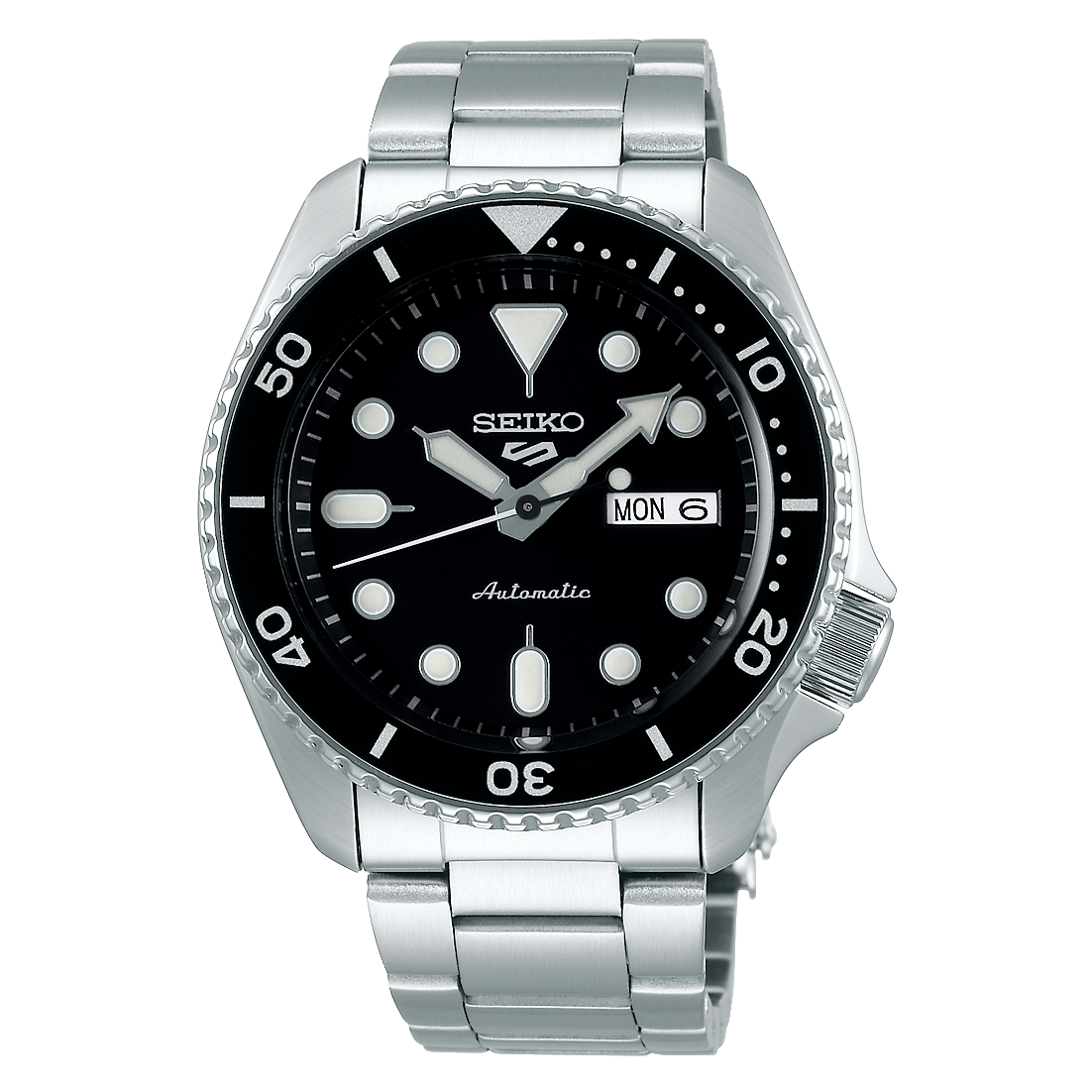 Seiko watch with black dial and silver metal strap on a white background