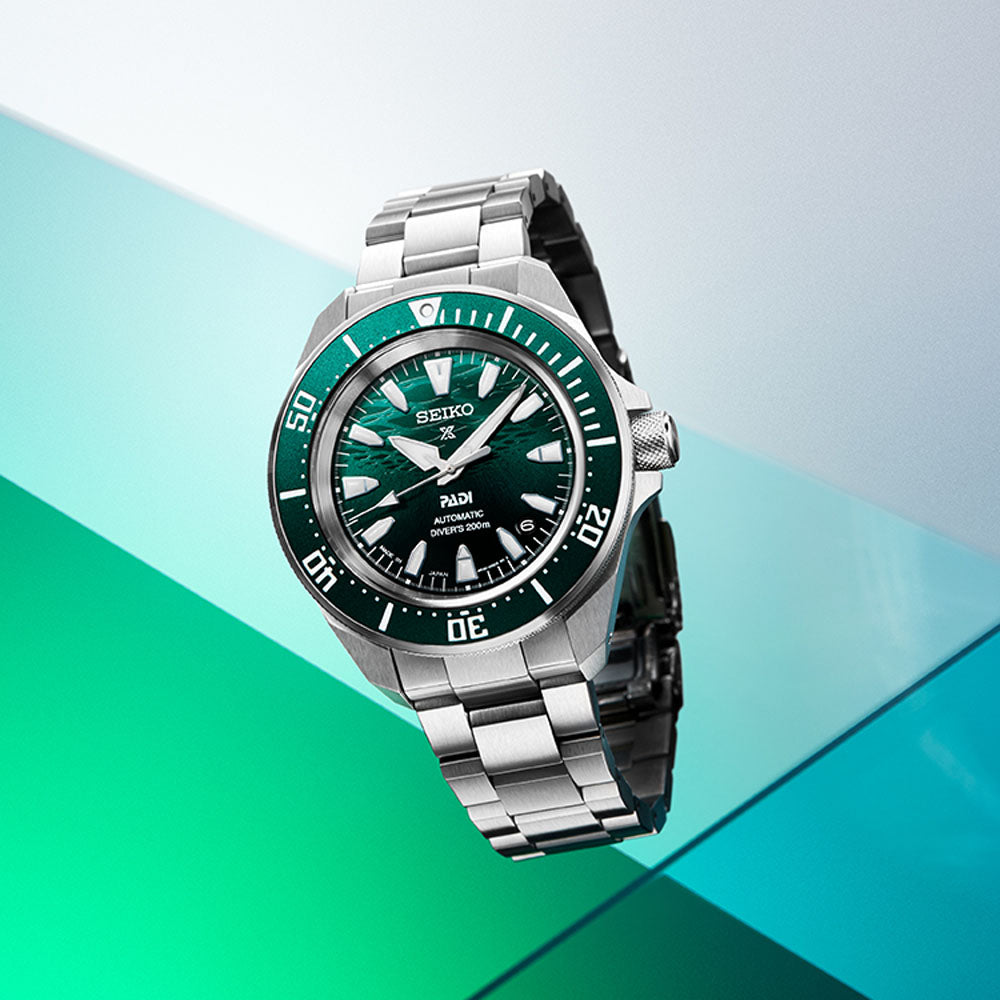 Prospex PADI 60th Anniversary 4R Compact Mechanical Diver’s Watch in Underwater Green SRPL53K1