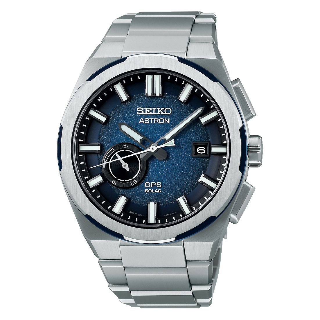 Seiko Astron watch with blue face and silver metal strap on a white background