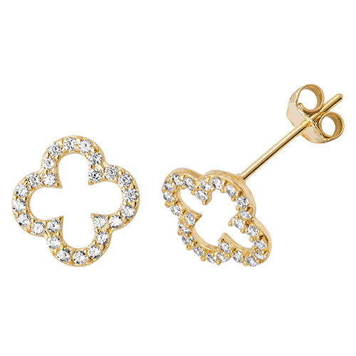 9ct Yellow Gold Cubic Zirconia Open Clover Stud Earrings ES510